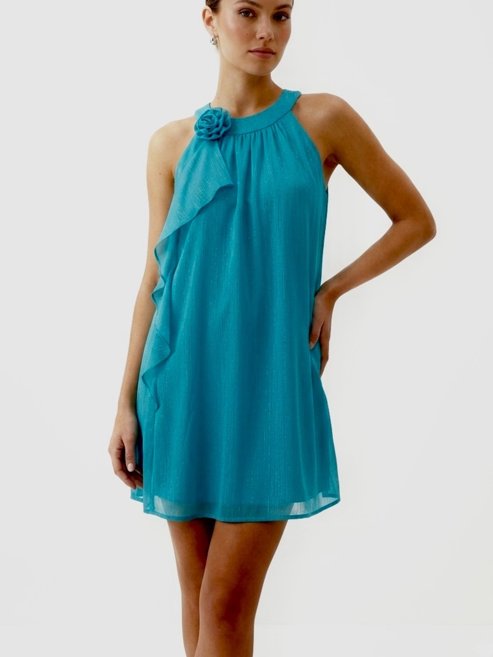 Holiday Editions Teal Aqua Shimmer Halter Mini Dress with Rosette Babydoll